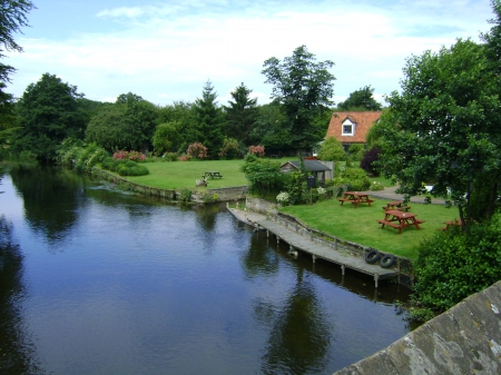 bridge view - water, green, house, bridge