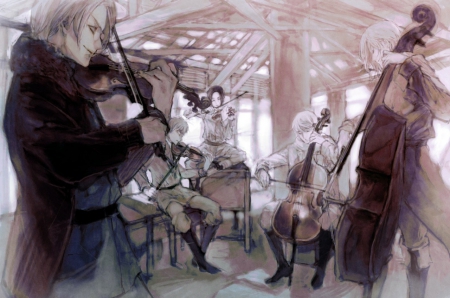 Music - male, hetalia axis powers, allies aph, hetalia, aph, monochrome, boy, anime, group, manga, guy