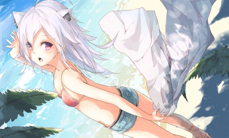 A girl at the beach - neko, beach, animal ears, swimsuit, kemonomimi, bikini, towel, white hair, reddish purple eyes