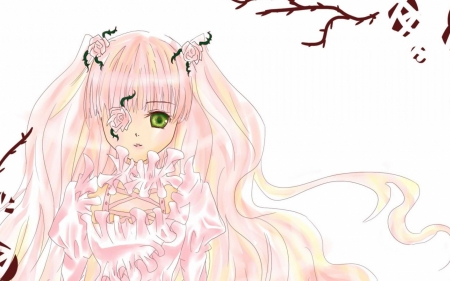 Rozen Maiden - roses, white background, maidenrozen, dress, green eyes, long hair, pink hair, petals