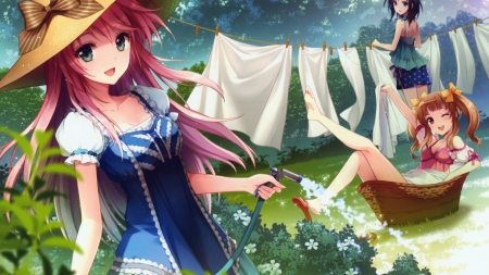 ❁ House Work ❁ - clothes, anime, House work, dress, grass, green eyes, long hair, short hair, red hair, kabooto, hat, hang line, skirt, water, basket, leafs, hoze water, siting