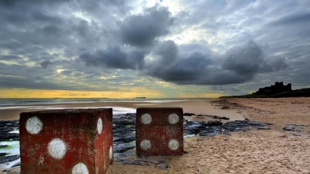 huge rocky dice on a beach - clouds, beach, dice, sea, rocks, castle