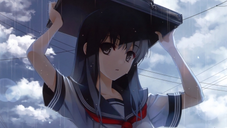 ☔ Raining ☔ - clouds, anime, Raining, wet, bag, unifrom, rain, cloud, black eyes, black hair, cute, sky