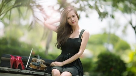 Beauty and the violin - black dress, woman, violin, beautiful