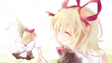 Cute Anime - anime, white background, hi five, blush, blonde hair, kwaii, smile, tuohu, fairy, cute, small fairy, bow