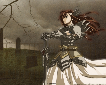 âš” Erza Scarlet âš” - sky, warrior, rede hair, erza scarlet, art, fairy tail, clouds, anime, awesome