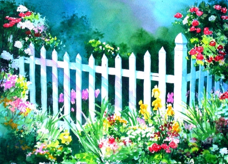 SUMMER GARDEN - white, summer, garden, picket, fence, flowers