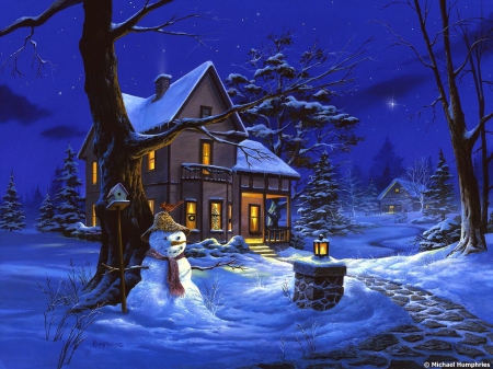 HOUSE UP ON THE HILL - snowman, winter, hill, home