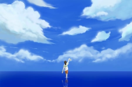 Goodbye - sky, girl, clouds, blue, anime, water