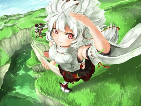 momiji - red eyes, touhou, pretty eyes, anime, green lands, short hair, cute