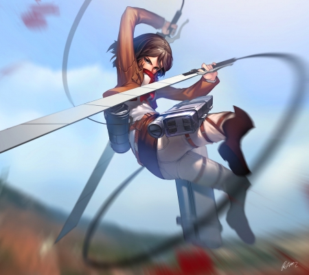 âš” Shingeki No Kyojin âš”~ - rope, warrior, fighting, scarf, shingeki no kyojin, brown hair, anime, awesome, sword