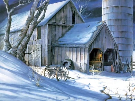 WINTER ON THE FARM - michelea, artist, farm, humphies, winter, barn