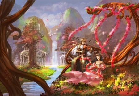 Melody of Flora - melody, fantasy, digital, couples, pink, flora