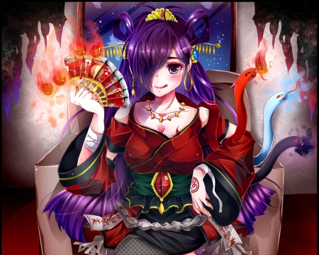 Snake Lady - anime, female, snake, long hair, oriental, fire, purple hair, creepy, anime girl, serious, creep, hot, girl, fan, flame, sinister, cute, sexy, reptiles, blaze