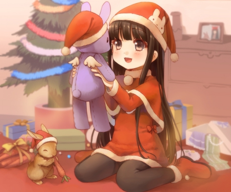 Toy Bunny - cute, happy, anime girl, adorable, girl, christmas, christmas tree, adore, child, pretty, kawaii, sweet, brown hair, anime, kid, toy, holiday, children, long hair, merry christmas, nice, brown eyes, lovely, female