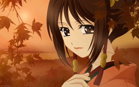 Nagumo Kaoru - pretty, hakuouki shinsengumi kitan, anime, elegant, divine, female, brown, maiden, long hair, sublime, leaves, gorgeous, nice, shinsengumi, brown eyes, anime girl, beautiful, hot, girl, beauty, kimono, lovely, brown hair, sweet, yukata, nagumo kaoru, lady, cute, sexy, close up