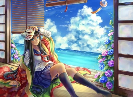 â™¡ Maiden â™¡ - nice, beauty, sky, mask, female, hot, anime girl, pretty, cloud, anime, kimono, cute, maiden, lady, sexy, girl, long hair, lovely, school uniform, floral, beautiful, yukata, sweet, uniform, flower