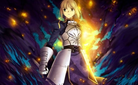 Fate Stay Night - red, cute, beauty, beautiful, anime, blue, warrior, flames, orange, woman