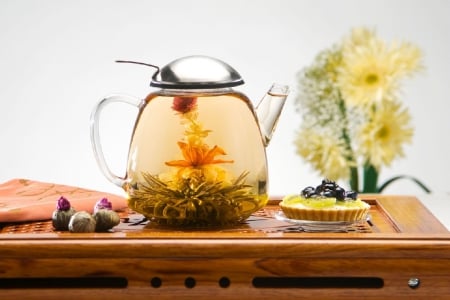 blooming tea - blooming, tea, flowers, still life