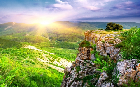 Mountain sunrise - pretty, hills, summer, grass, meadow, sunrise, mountain, view, cliffs, field, golden, nice, sky, sun, beautiful, slope, sunshine, lovely, valley, dazzling, glow, nature, rays, bright, rocks, shine