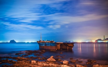 Beautiful - sky, water, night, rocks, nature, lakes, beautiful, clouds, blue, lights