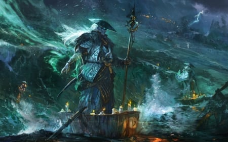 Fantastic storm - ocean, hat, light, night, water, fantasy, storm, waves, art, man, blue, candels, green, sea, boat