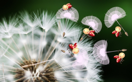 Naughty Ladybirds - flowers, dandelion, wp, nature