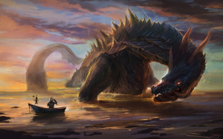 Water monster - ryblka, water, monster, boat, yellow, blue, art, fantasy, people, dragon