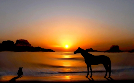 MEETING at SUNSET - sunset, sea, silhouette, art, horse, penguin