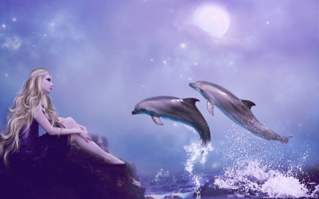 Girl and dolphins - woman, ocean, sky, girl, sun, water, fantasy, waves, purple, blue, fish, animal, sea, dolphin