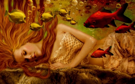 Mermaid - red, water, yellow, ocean, girl, redhead, fantasy, mermaid, fish, sea, woman, underwater