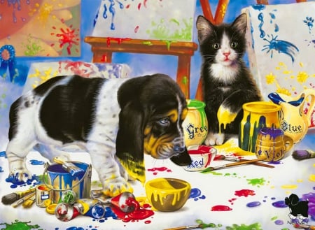 Little painters - painters, dog, joy, kitten, puppy, nice, art, paint, beautiful, colors, lovely, sweet, cat, colorful, funny, painting, cute, adorable, kitty