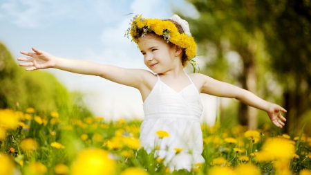 DANCING IN A FIELD OF YELLOW FLOWERS - girls, fields, crowns, dandelions, people, kids, photos, nature, children, flowers, dancing