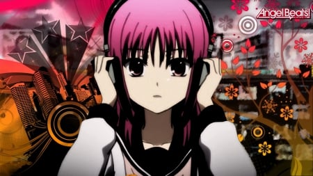 Angel Beats! - surpised, stars, music, pink hair, red hair, techno, amazing, cool, headphones, wall, sounds, angel beats, cute, short hair