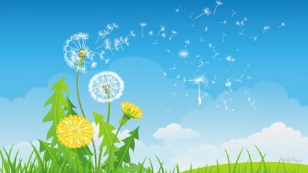 Flight of the Dandelions - scatter, dandelions, autumn, sky, summer, seeds, spring, lawn, fall, weeds, clouds, leaves, flowers, grass