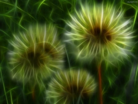 FRACTAL OF FLOWERS - dandelions, fractal, fantasy, abstract, yellow, cool, green, texture, flower, surreal