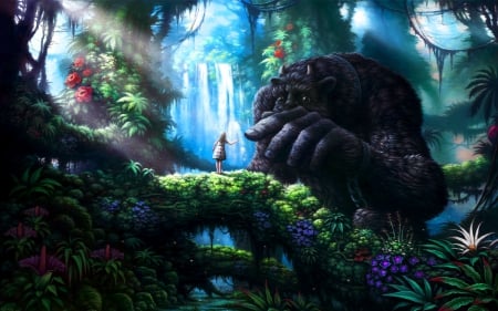 The little girl and the giant beast - abstract, trees, waterfalls, girl, sunshine, forest, beast, monster, giant, fantasy, SkyPhoenixX1, picture, jungle, wallpaper, woods