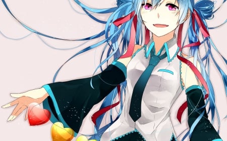 Hatsune Miku - hatsune miku, hearts, twin tails, vocaloid, lue hair, tie, cute