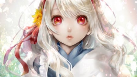 Kagerou Project - kagerou project, kawaii, white background, dress, blush, long hair, white hair, red eyes, wind, cute, bow