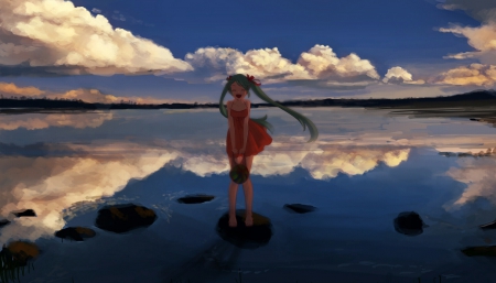 Smile Hatsune!! - clouds, anime, vocaloid, water, dress, reflection, happy, watermelon, sky