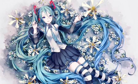 Welcome To My Flower Garden - flowers, vocaloid, anime, skirt, blue hair, hatsune miku, long hair, blue eyes