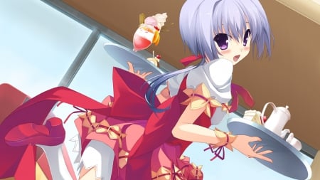 Be Right There! - pretty, anime, food, waitress, purple eyes, berrys