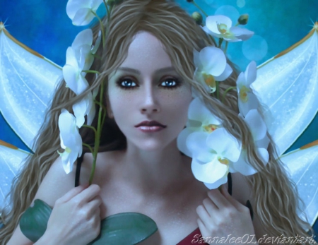 Spring Fairy - face, flowers, spring, eyes, blue, long hair, fantasy, lady, gorgeous, fairy