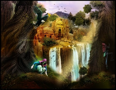 Fantasy World - waterfall, fantasy, world, people