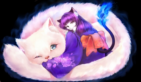 Neko Girl and cat - anime, beautiful, girl, beauty, pink, cat, purple, woman, cute