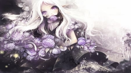 Beautiful Elf - anime, beautiful, girl, beauty, flower, flowers, elf, black, white, purple, cute