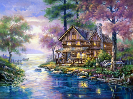 River cottage - house, trees, cabin, creek, stream, light, reflection, river, countryside, shore, villa, lake, hut, art, cottage