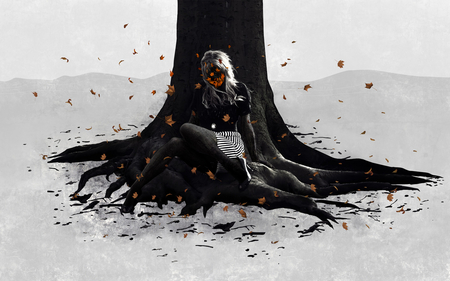 Auturmn - faceless, picture, lady, tree leaves, winter fall, mystery, fashion, tree