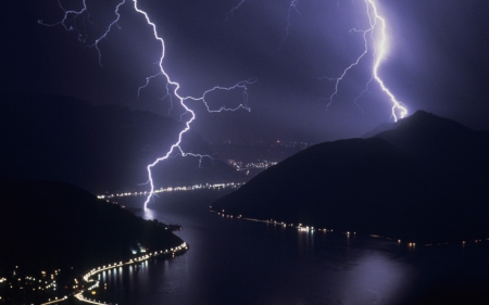 Struck by Lightening - river, lights, Thunder, city, night, lightning