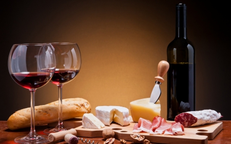 Still Life - wine, bottle, sausage, red, cheese, glass